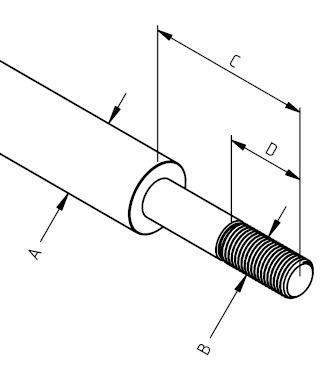 Allgemeine Kolbenstangenzeichnung mit den Maßen A, B, C und D.